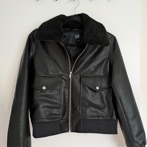 Black Faux Leather Jacket with Shearling Collar
